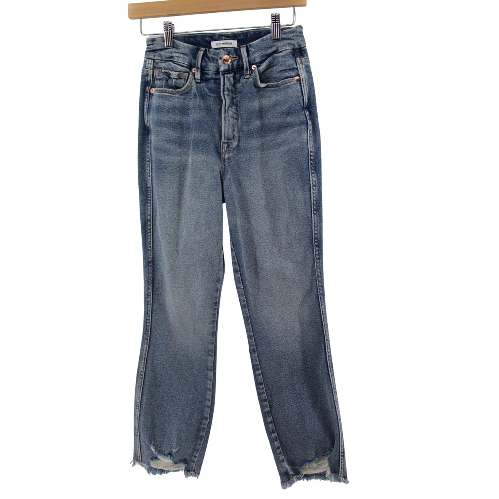 GOOD AMERICAN Good Curve High-Rise Straight Jeans | Size 6 / 28 | Raw‎ Hem